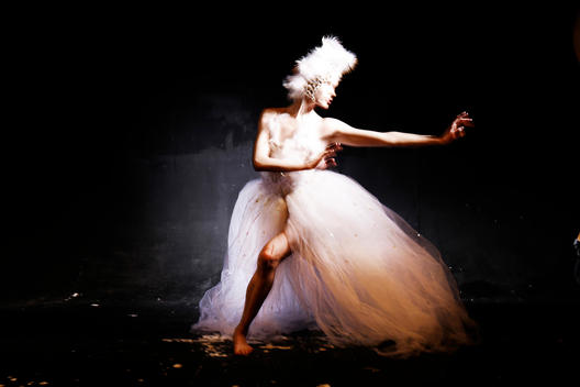 ballet dancer with white swan outfit with blurred movement