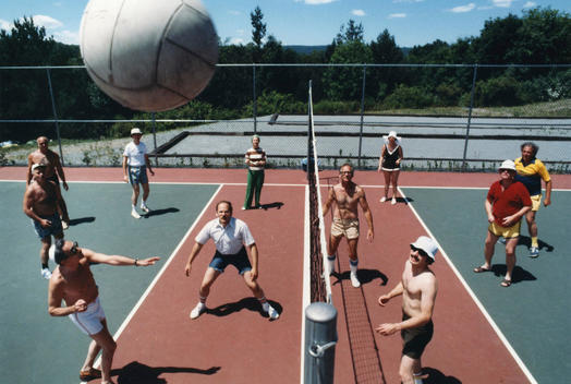 Birds eye view of adults playing volleyball
