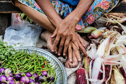 Close up of vegetable seller\'s hands and feet
