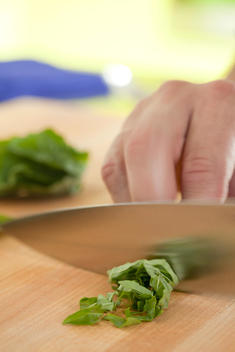 Kitchen Prep Scene Of Hands Chiffonading Basil With A Large Chef Knife.