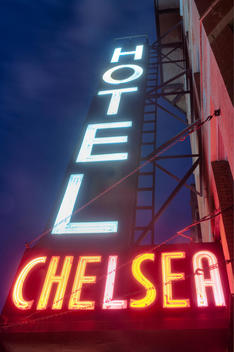 Neon Chelsea Hotel Sign At Night. W 23Rd Street Between 6Th And 7Th Avenues Chelsea, New York, New York.