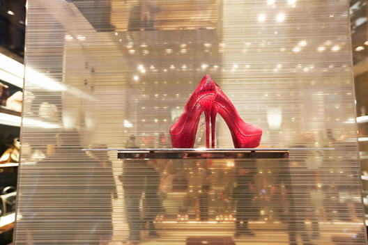 exclusive high heel shoes in shop window, \