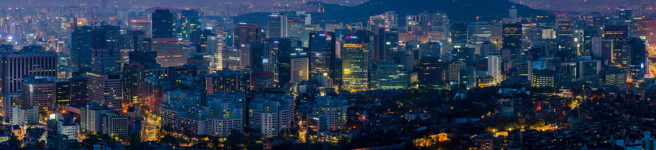 Aerial view of Seoul cityscape illuminated at night, Seoul National Capital Area, South Korea