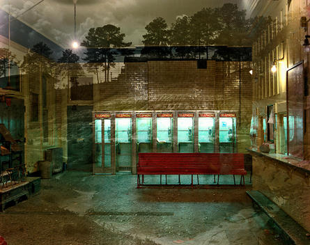 Multiple Exposure/Overlay Of Furniture/Phone Booths And Landscape/Park Bench