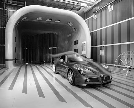Fiat Group Automobiles. Wind tunnel. Tests on the air movement around a vehicle at a speed of 60 km/h using a smoke generator.
