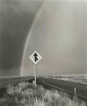Rainbow And Road Sign, Green River, Utah, Usa.