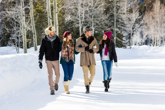 Two couples walking on snow packed road on brisk wintery day.