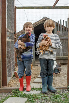Two boys holding chickens outside a chicken coop