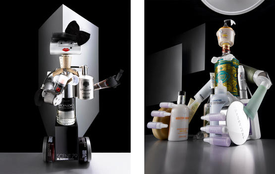 Diptych Of Robot Sculptures Made Out Of Cosmetics