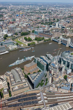 Aerial view of the Pool of London. HMS Belfast, Tower Bridge and Tower of London.