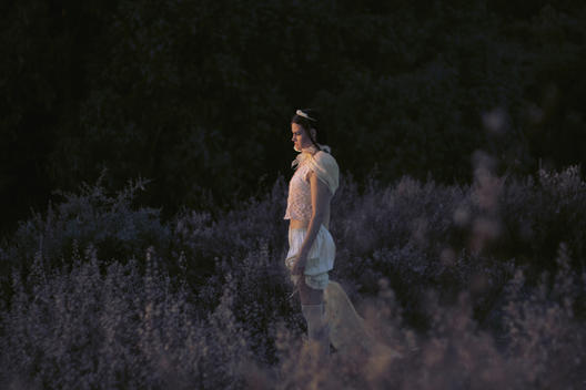 Young Woman With Cape In Lavender Field
