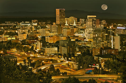 Night view of Portland city downtown area