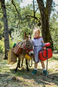 portrait of girl and donkey with luggage
