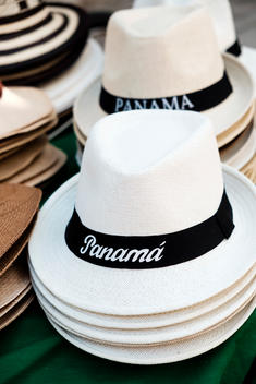 Panama hats for sale in Casco Viejo in Panama City, Panama.