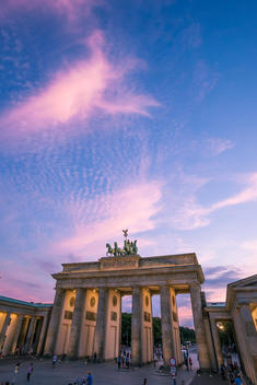 Germany, Berlin, Pariser Platz, Brandenburger Gate at sunset