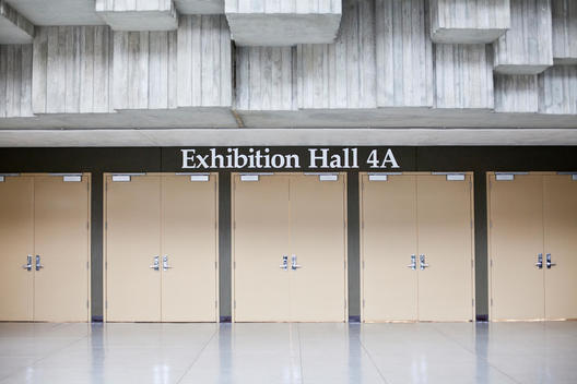Exhibition hall sign and double doors