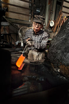 Mr Keijiro Doi in his blacksmith shop in Sakai, Japan