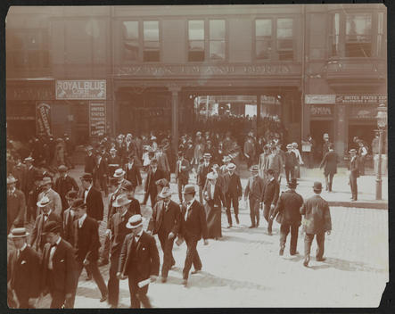 Ferry Passengers Arriving At Whitehall Street With Royal Blue Line Ticket Office And Baltimore & Ohio Railroad Office.