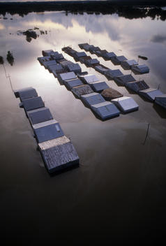 Aerial of the Great Mississippi River Flood in Missouri. Flooded airport along the Missouri River