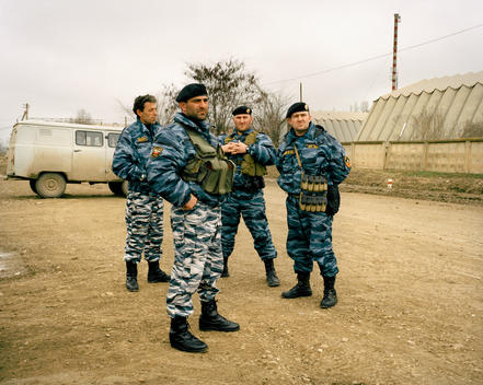 Members Of The Russian Security Services Man A Check-Point Outside The City Of Grozny, Russia.