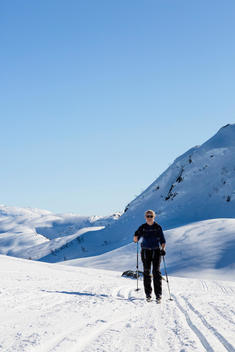 Female skiing cross country at Stordalen, Hordaland, Norway.