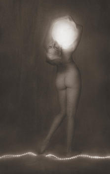 Anonymous nude woman standing, bending backward slightly, holding large luminous lit globe, a string of light at her feet