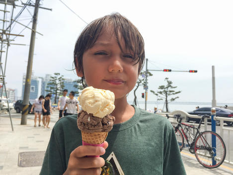 Young boy with an ice cream in Busan, South Korea