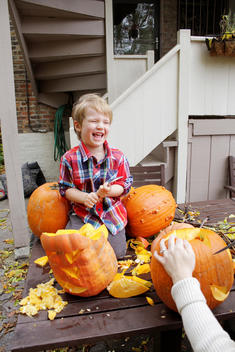Little boy laughing as he carves a Halloween pumpkin.