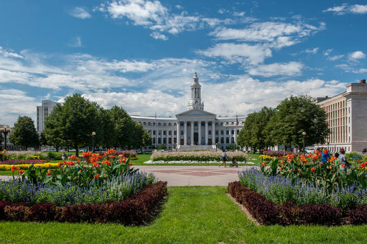 The Denver City and County Building with gardens in the foreground.