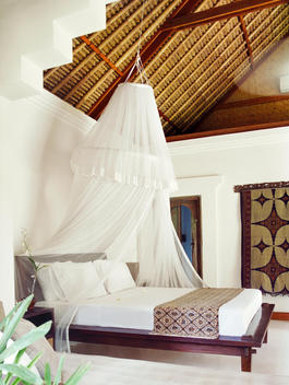 A Mosquito Net Hangs Above A Large Bed In A Hotel.