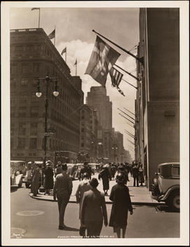 Fifth Avenue Looking South From 51St Street, Showing Swedish & American Flags From The Windows Of The Swedish America Line.