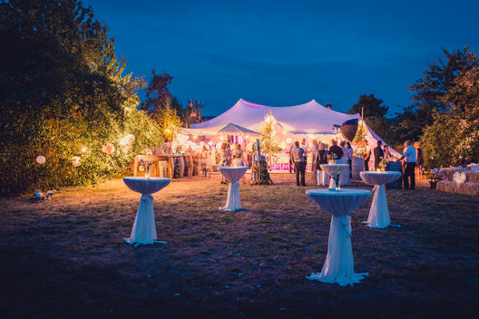 wedding party in the evening, white tent
