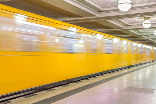 Germany, Berlin, subway station Hohenzollernplatz with moving underground train