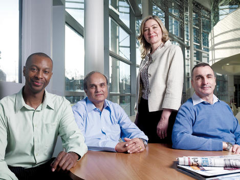 Small Group Of Middle-Aged Professionals, Portrait, Smiling, In Modern Windowed Office.