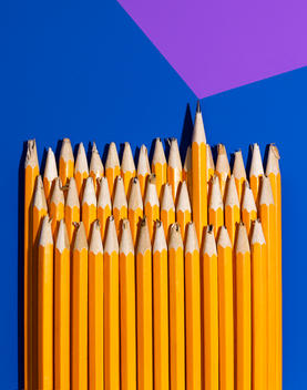 Sharp pencil rising above a group of broken pencils.