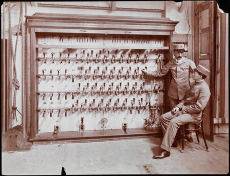 Two Uniformed Switchboard Operators At The Electrical Switchboard At The Hudson Theatre, 139 W. 44Th Street.
