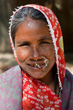 old Indian woman wearing sari and tribal jewelry