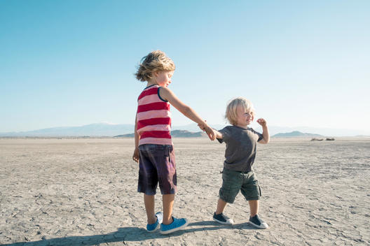 5 year old blonde boy and 1 year old blonde boy standing on dry lake bed at el mirage in California.