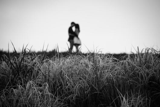 An out of focus couple in each others arms at the top of a hill with tall grasses in foreground.