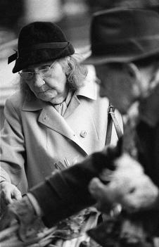 Black and white photograph of elderly ladies shopping
