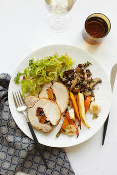 Wild Rice And Mushroom Pilaf, Stuffed Pork Loin With Roasted Root Vegetables And Salad