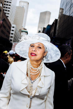A woman in costume at the annual Easter Parade and Bonnet Festival in New York City.