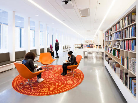 Bright reading zones surround the whole of the central book storage area at Gothenburg Library designed by Link Arkitektur, Gothenburg, Sweden.
