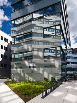 BI business park building with dramatic reflections, Bergen, Norway.