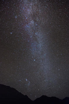 Milky Way night sky over mountains near Lago Grey.
