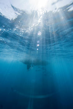 Underwater View Of Boat Hull With Rays Of Sunlight Illuminating Glistening Ocean Surface
