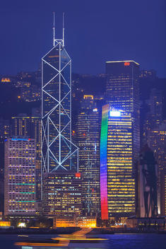 Illuminated skyscrapers along the waterfront of Hong Kong, China