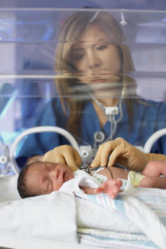 Asian female doctor examining newborn baby in incubator