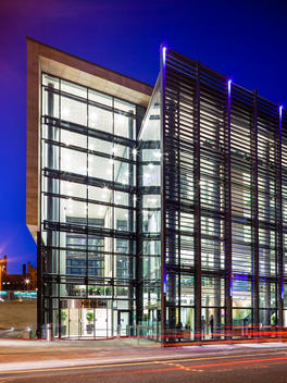 Night view of entrance at King\'s Gate, Newcastle University designed by Bond Bryan Architects\'s, Newcastle, UK.