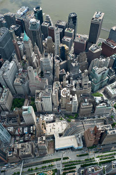 Aerial View Of Lower Manhattan Along Fifth Avenue With A View Of The River And Lining Skyscrapers. New York, New York.